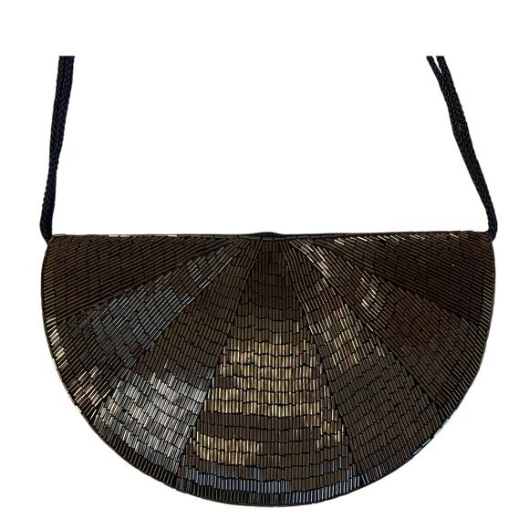 VTG Robinsons Whimsy Goth Beaded Deep Brown Bronze Half Circle Cross Body Clutch - Picture 1 of 13